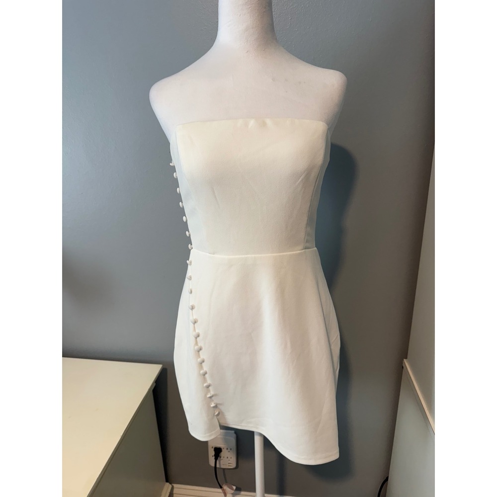 Lulus White Strapless Asymmetrical Button Mini Dress Size Junior L Bodycon